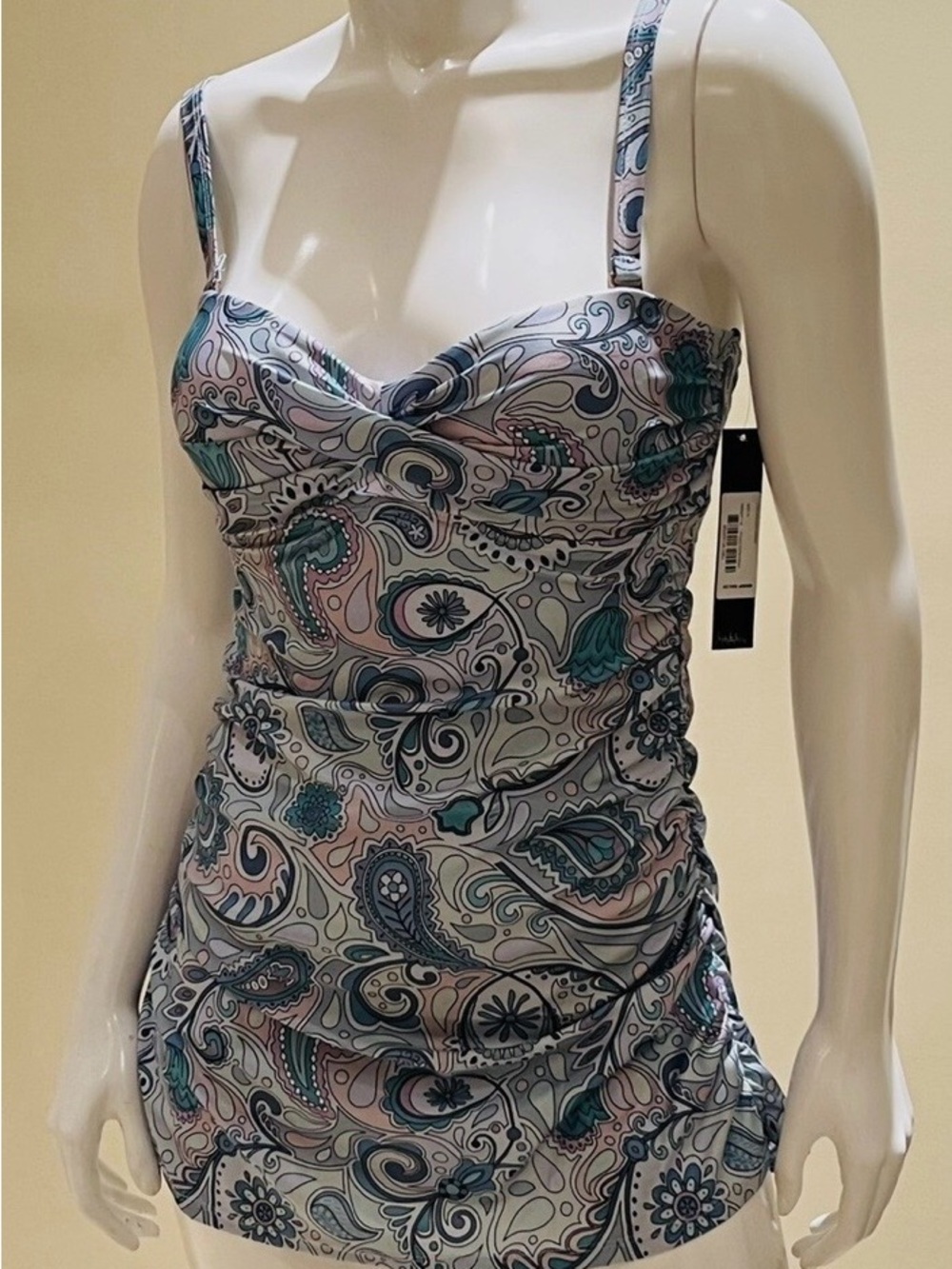 NWT Nicole Miller Studio Paisley One-Piece Ruched Swim Dress/Swimsuit, Size S